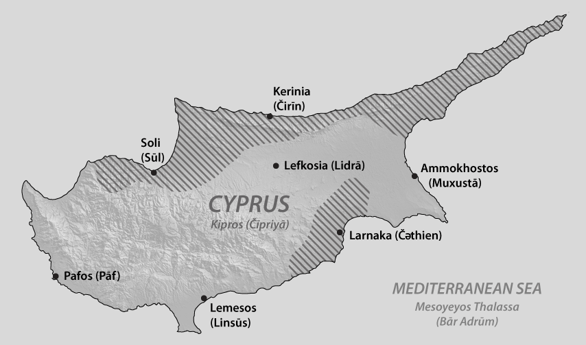 A map of Cyprus showing the main Alashian-speaking areas